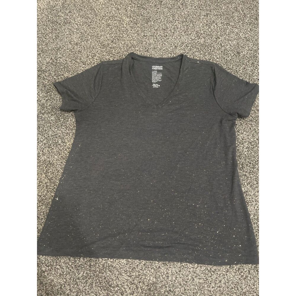 Celebrate Together Gray Sparkly Short Sleeve V-Neck Tee XL